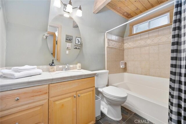 2320 Maplewood Way, Pine Mountain Club, CA 93222 - bathroom with toilet, vanity, shower / bath combination with curtain, and wood ceiling