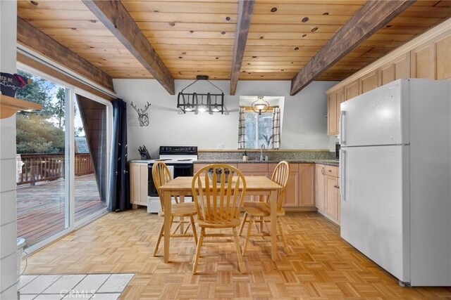 2320 Maplewood Way, Pine Mountain Club, CA 93222 - kitchen featuring white appliances, wood ceiling with exposed beams, light brown cabinets, and a sink