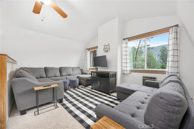 2320 Maplewood Way, Pine Mountain Club, CA 93222 - living room featuring lofted ceiling, carpet flooring, and ceiling fan