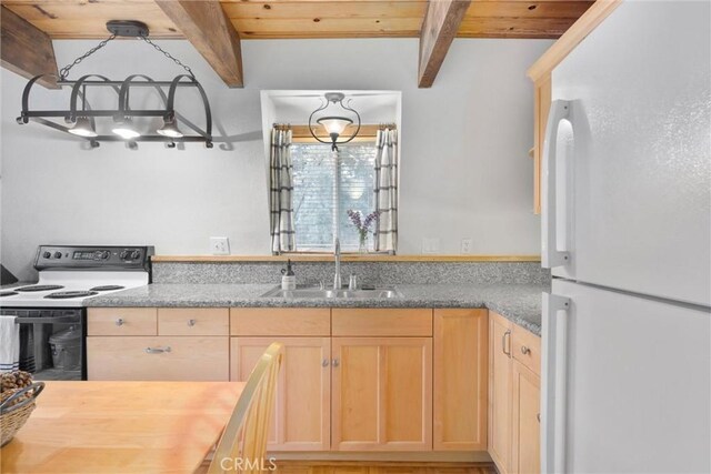 2320 Maplewood Way, Pine Mountain Club, CA 93222 - kitchen with freestanding refrigerator, electric stove, a sink, light brown cabinets, and wood ceiling with exposed beams