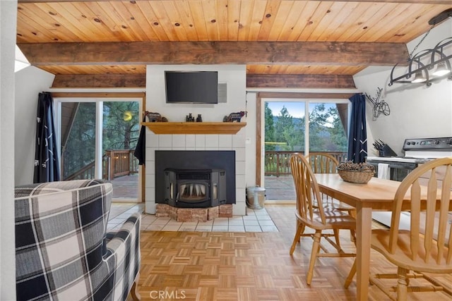 2320 Maplewood Way, Pine Mountain Club, CA 93222 - dining space with healthy amount of natural light and wooden ceiling with exposed beams
