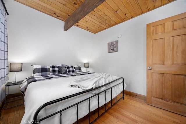 2320 Maplewood Way, Pine Mountain Club, CA 93222 - bedroom featuring wood ceiling with exposed beams, light wood finished floors, and baseboards