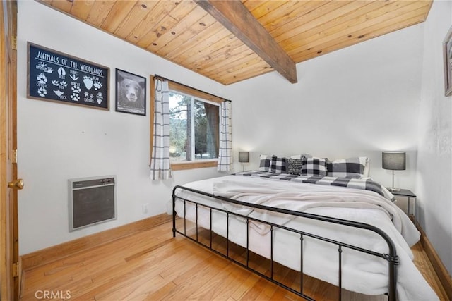 2320 Maplewood Way, Pine Mountain Club, CA 93222 - bedroom with heating unit, wood ceiling with exposed beams, wood finished floors, and baseboards