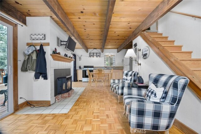2320 Maplewood Way, Pine Mountain Club, CA 93222 - living room with wooden ceiling with exposed beams, baseboards, a wood stove, and stairs