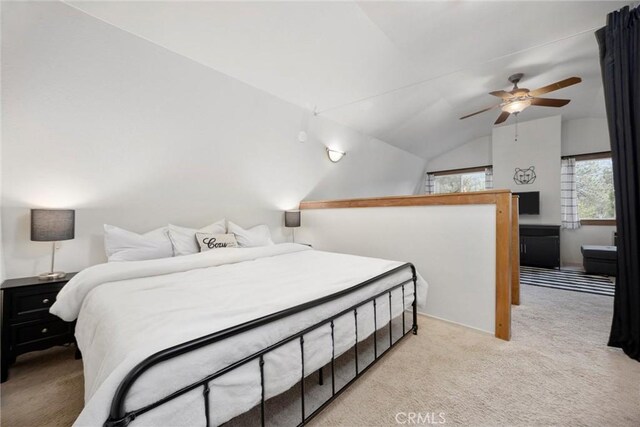 2320 Maplewood Way, Pine Mountain Club, CA 93222 - bedroom featuring carpet flooring, vaulted ceiling, and ceiling fan