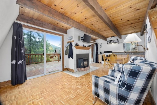 2320 Maplewood Way, Pine Mountain Club, CA 93222 - living room with wooden ceiling with exposed beams and baseboards