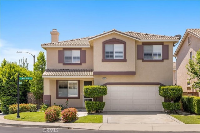 11867 Worcester Dr, Rancho Cucamonga, CA 91730 - view of front of home with a chimney, concrete driveway, a tile roof, stucco siding, and a garage