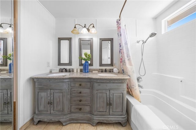 11867 Worcester Dr, Rancho Cucamonga, CA 91730 - bathroom featuring shower / bathtub combination with curtain and double vanity