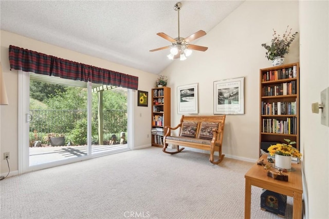 2482 Limestone Ct, Chino Hills, CA 91709 - sitting room with lofted ceiling, carpet floors, a ceiling fan, baseboards, and a textured ceiling