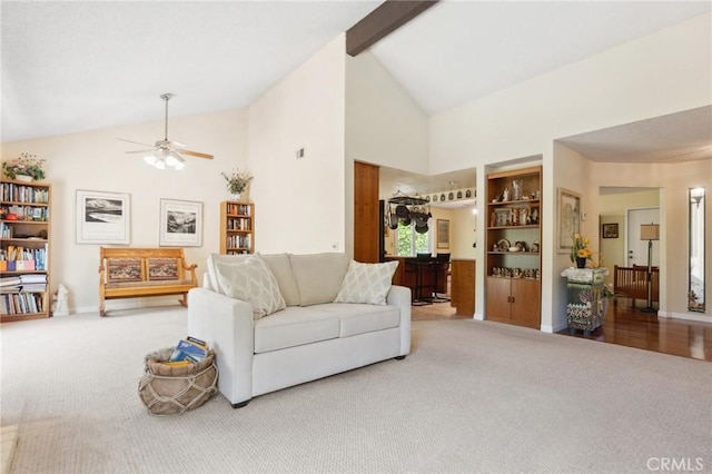 2482 Limestone Ct, Chino Hills, CA 91709 - carpeted living area featuring a ceiling fan, high vaulted ceiling, baseboards, and beamed ceiling