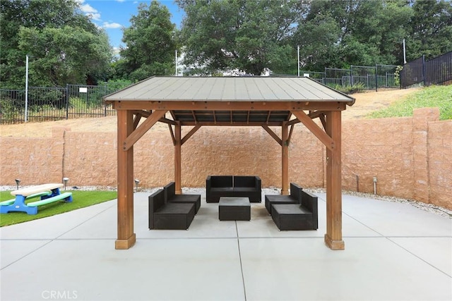 1279 Waterbrook Cir, Walnut, CA 91789 - fenced backyard featuring a gazebo, an outdoor hangout area, a patio area, and view of scattered trees