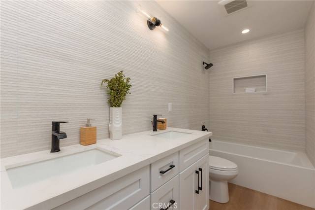 876 Ballina Ct, Newbury Park, CA 91320 - full bath featuring toilet, wood finished floors, shower / washtub combination, double vanity, and recessed lighting