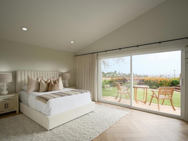 1695 Alta La Jolla Dr, La Jolla, CA 92037 - bedroom with access to exterior, recessed lighting, and high vaulted ceiling