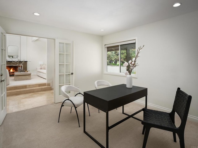 1695 Alta La Jolla Dr, La Jolla, CA 92037 - carpeted office featuring recessed lighting, french doors, and a warm lit fireplace