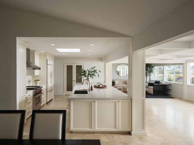 1695 Alta La Jolla Dr, La Jolla, CA 92037 - kitchen featuring wall chimney exhaust hood, high end appliances, a sink, light countertops, and recessed lighting