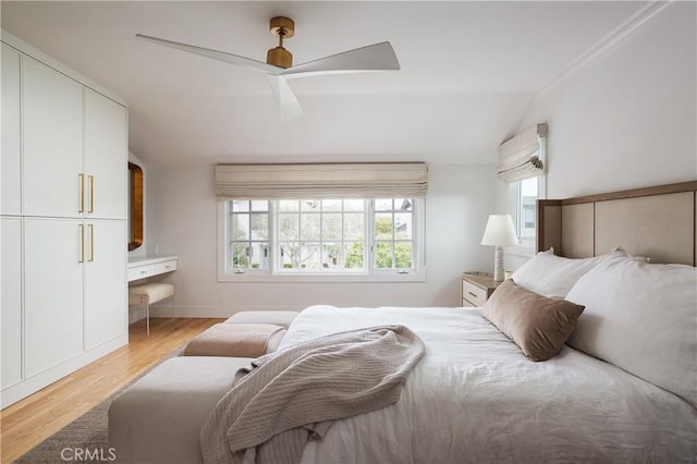 425 Tustin Ave, Newport Beach, CA 92663 - bedroom with light wood finished floors, lofted ceiling, and ceiling fan