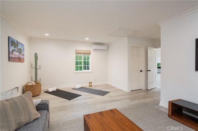 425 Tustin Ave, Newport Beach, CA 92663 - workout area featuring a wall unit AC, ornamental molding, light wood finished floors, and recessed lighting