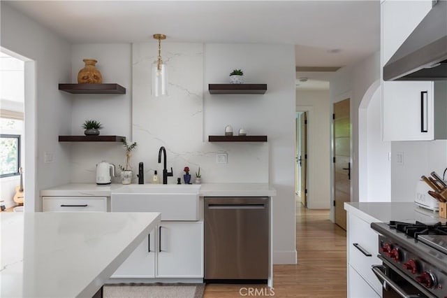 425 Tustin Ave, Newport Beach, CA 92663 - kitchen featuring open shelves, stainless steel appliances, exhaust hood, and white cabinetry