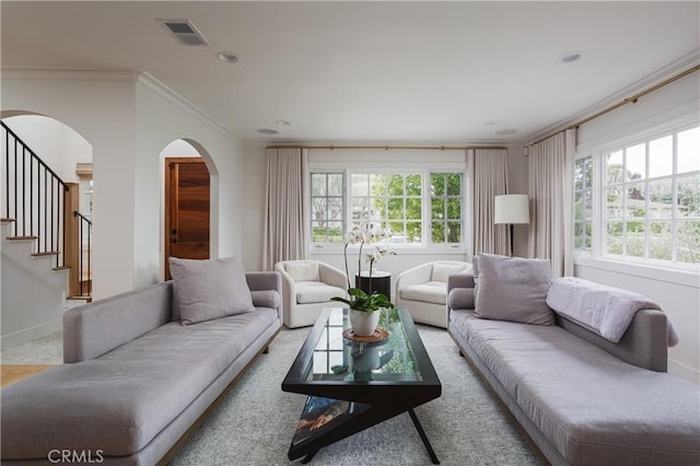 425 Tustin Ave, Newport Beach, CA 92663 - living room featuring arched walkways, ornamental molding, stairs, and recessed lighting