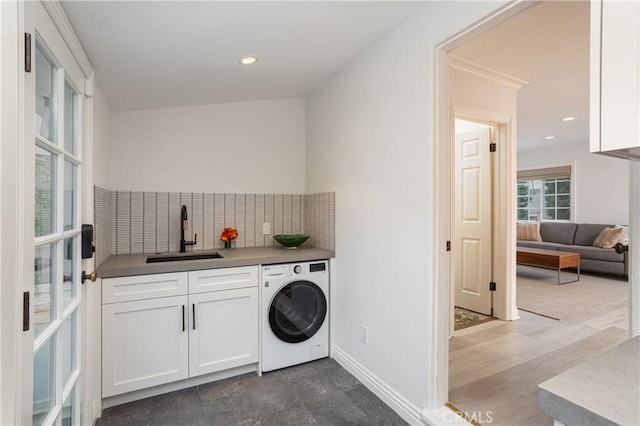 425 Tustin Ave, Newport Beach, CA 92663 - laundry room featuring washer / clothes dryer, cabinet space, and recessed lighting