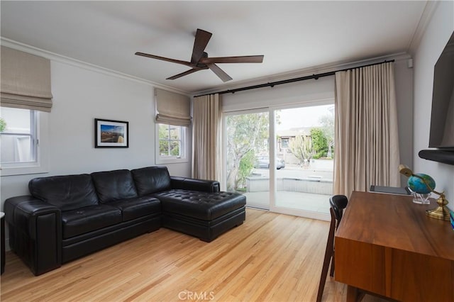 425 Tustin Ave, Newport Beach, CA 92663 - living area featuring ornamental molding, light wood-type flooring, and a ceiling fan