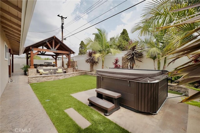 7642 Rhone Ln, Huntington Beach, CA 92647 - view of yard with a hot tub, a gazebo, a patio area, and an outdoor living space