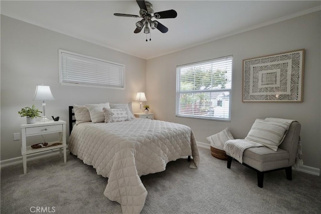 7642 Rhone Ln, Huntington Beach, CA 92647 - carpeted bedroom with baseboards, crown molding, and ceiling fan
