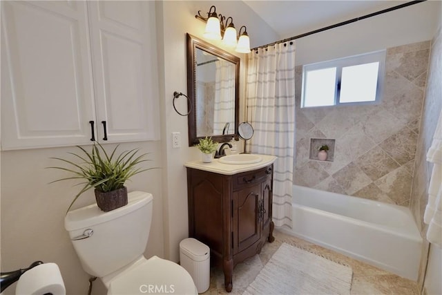 7642 Rhone Ln, Huntington Beach, CA 92647 - bathroom featuring toilet, vanity, shower / tub combo with curtain, and tile patterned floors
