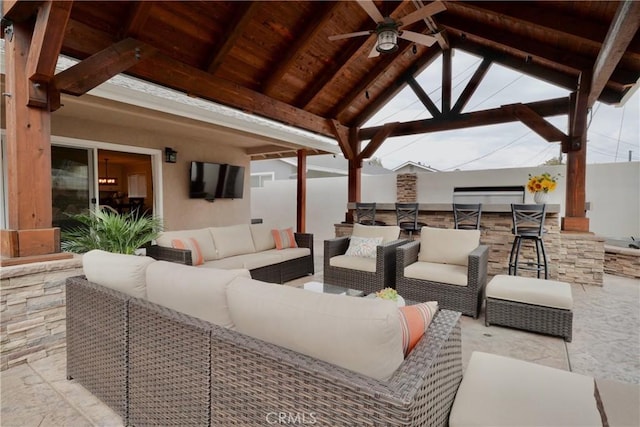 7642 Rhone Ln, Huntington Beach, CA 92647 - view of patio with a gazebo, outdoor lounge area, ceiling fan, and an outdoor bar