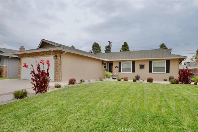 7642 Rhone Ln, Huntington Beach, CA 92647 - ranch-style house with a garage, a front yard, and stucco siding