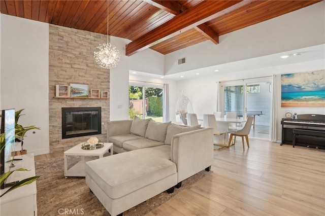 1721 S 3rd Ave, Arcadia, CA 91006 - living room with wood ceiling, wood finished floors, a chandelier, and a fireplace