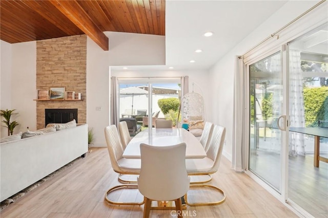 1721 S 3rd Ave, Arcadia, CA 91006 - dining space with light wood-style flooring, wooden ceiling, a fireplace, and recessed lighting