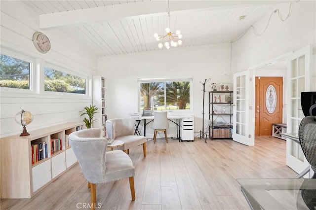 1721 S 3rd Ave, Arcadia, CA 91006 - living area featuring light wood-style flooring, a chandelier, wood ceiling, and french doors