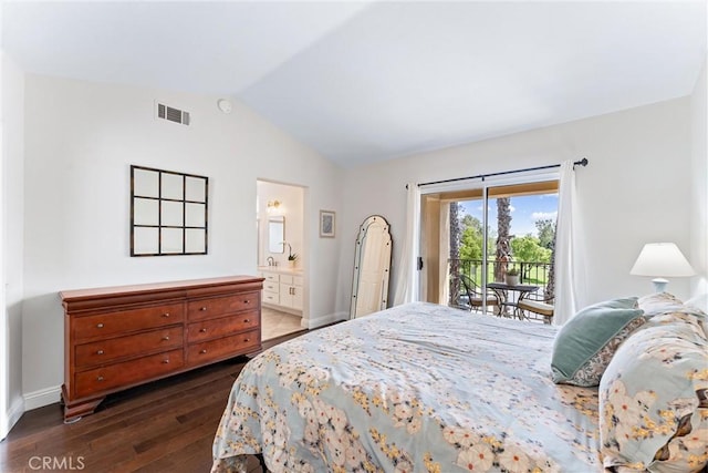 3 Fleurance St, Laguna Niguel, CA 92677 - bedroom with access to exterior, vaulted ceiling, dark wood-style floors, and connected bathroom
