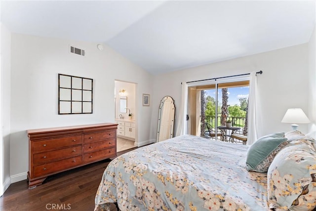 3 Fleurance St, Laguna Niguel, CA 92677 - bedroom featuring access to exterior, lofted ceiling, dark wood finished floors, and ensuite bathroom