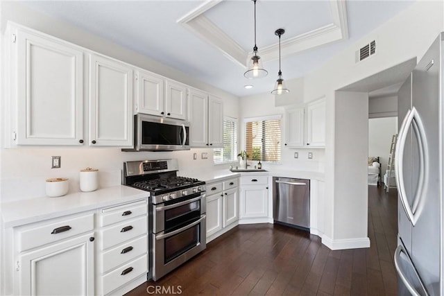 3 Fleurance St, Laguna Niguel, CA 92677 - kitchen with stainless steel appliances, white cabinets, a tray ceiling, light countertops, and ornamental molding