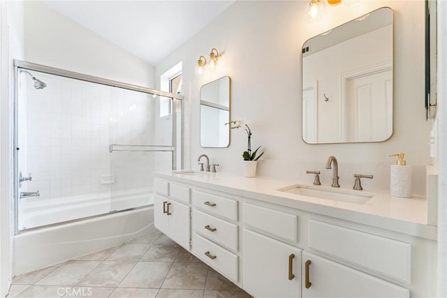 3 Fleurance St, Laguna Niguel, CA 92677 - full bathroom featuring double vanity, shower / bath combination with glass door, lofted ceiling, and tile patterned flooring