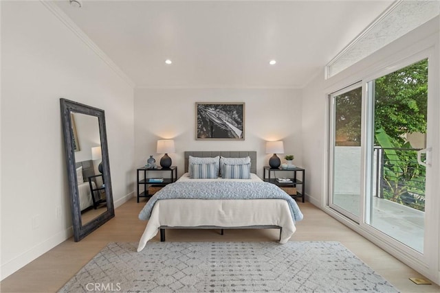 1529 Steinhart Ave, Redondo Beach, CA 90278 - bedroom featuring access to exterior, ornamental molding, baseboards, light wood-style floors, and recessed lighting