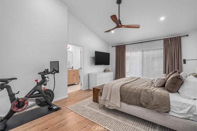 5465 Newcastle Ave Unit 6, Encino, CA 91316 - bedroom featuring high vaulted ceiling, light wood finished floors, recessed lighting, ensuite bath, and baseboards