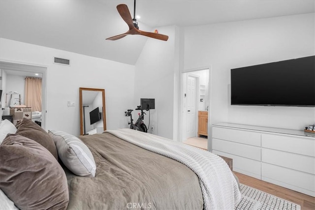 5465 Newcastle Ave Unit 6, Encino, CA 91316 - bedroom featuring high vaulted ceiling, light wood-type flooring, connected bathroom, and ceiling fan