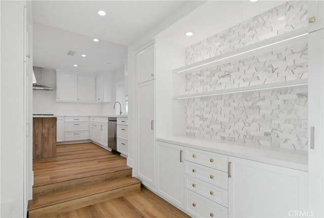 830 Huerta Verde Rd, Glendora, CA 91741 - kitchen featuring stainless steel dishwasher, white cabinets, open shelves, light wood-style flooring, and recessed lighting