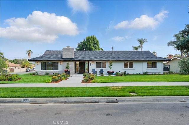 830 Huerta Verde Rd, Glendora, CA 91741 - single story home with a chimney, a tile roof, a front yard, and stucco siding