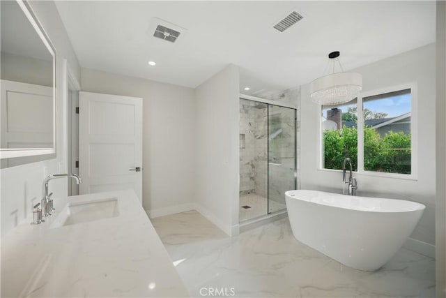830 Huerta Verde Rd, Glendora, CA 91741 - full bath with a marble finish shower, a soaking tub, marble finish floors, double vanity, and recessed lighting