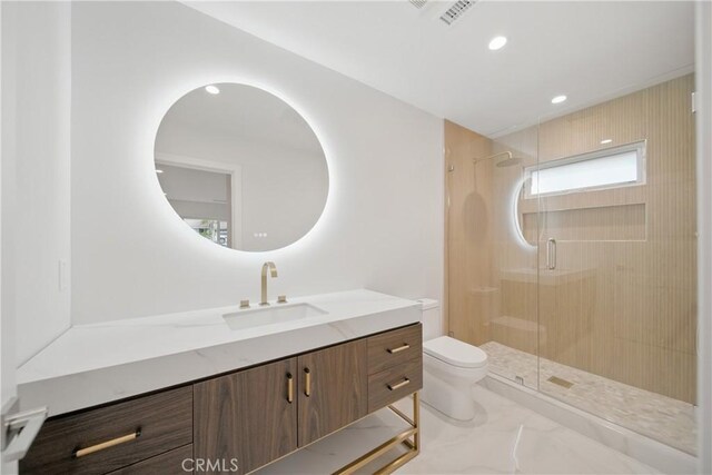 830 Huerta Verde Rd, Glendora, CA 91741 - bathroom with toilet, vanity, a stall shower, and recessed lighting