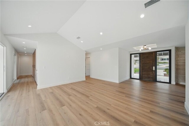 830 Huerta Verde Rd, Glendora, CA 91741 - unfurnished living room featuring vaulted ceiling, light wood-style floors, recessed lighting, a chandelier, and baseboards