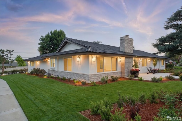 830 Huerta Verde Rd, Glendora, CA 91741 - rear view of house with a chimney, a patio area, a yard, and stone siding