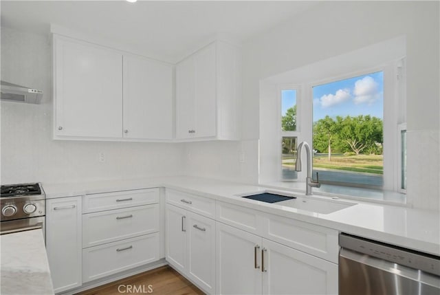 830 Huerta Verde Rd, Glendora, CA 91741 - kitchen with appliances with stainless steel finishes, a sink, light countertops, white cabinets, and extractor fan