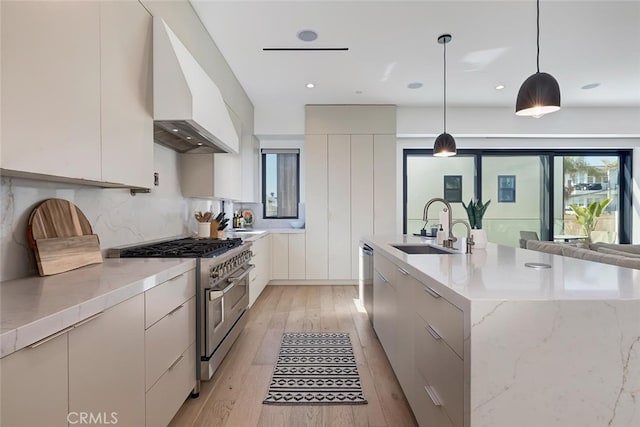 622 1st Pl, Hermosa Beach, CA 90254 - kitchen featuring appliances with stainless steel finishes, wall chimney exhaust hood, modern cabinets, a sink, and light wood finished floors