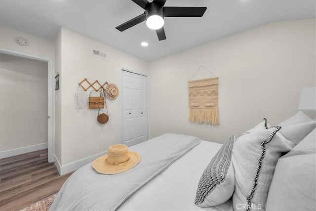 20512 Wayne Ave, Torrance, CA 90503 - bedroom featuring wood finished floors, a closet, baseboards, a ceiling fan, and recessed lighting