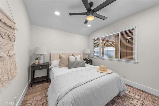 20512 Wayne Ave, Torrance, CA 90503 - bedroom with baseboards, wood finished floors, recessed lighting, a ceiling fan, and lofted ceiling